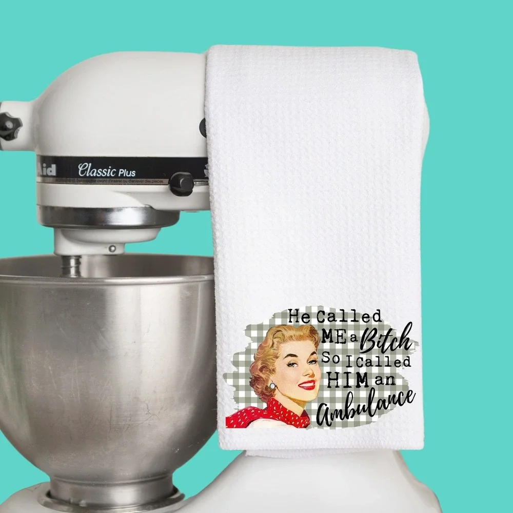 Funny Retro Waffle Weave Kitchen Towel Sarcastic Vintage Woman Graphic White